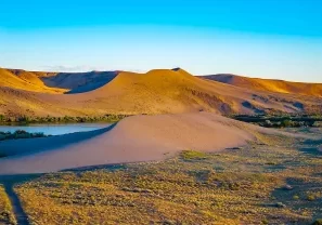 Golden sunset light on the tall sand dunes at Bruneau Dunes State Park, Idaho