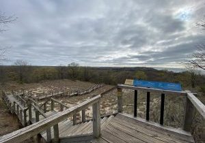 Wooden staircase climbing Mount Tom sand dune through dune grass at Indiana Dunes State Park